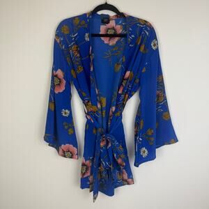 Wet Seal Womens Kimono Sleeve Floral Blue/Pink Cardigan Loungewear Robe OSFA
